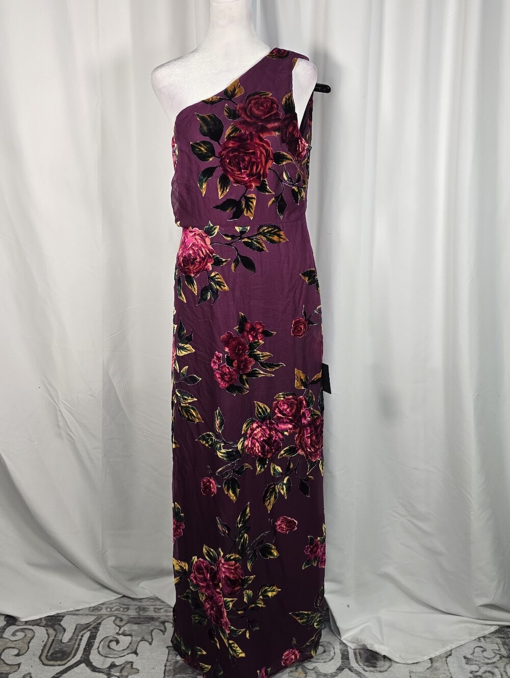 Lulus Budding Radiance Purple Floral Velvet One-Shoulder Maxi Dress Flowy Boho L